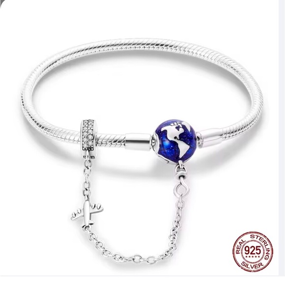 Jewelry - Sterling Silver Travel Globe Safety Chain Charm Bracelet - Blue Globe Charm